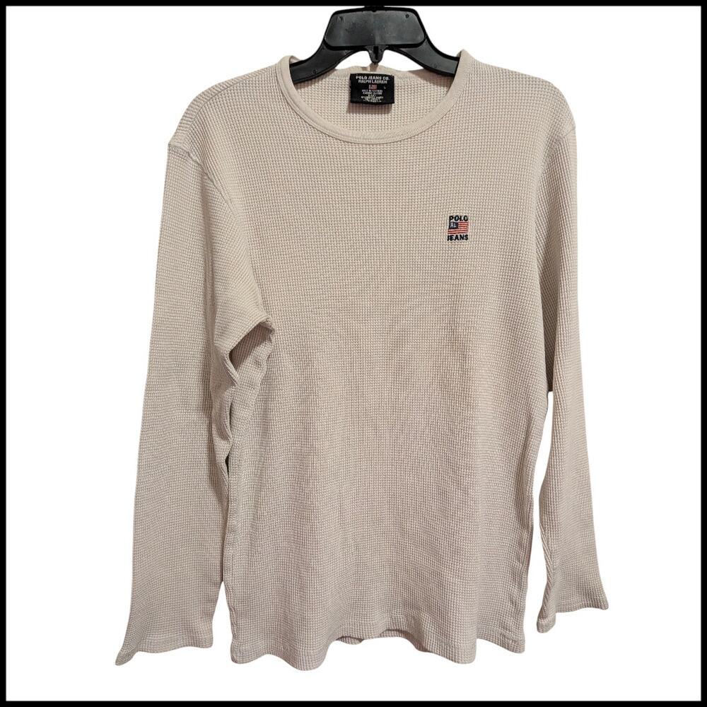 Polo Jeans Co Ralph Lauren Long Sleeve Thermal Shirt Beige Chest Logo Men's L